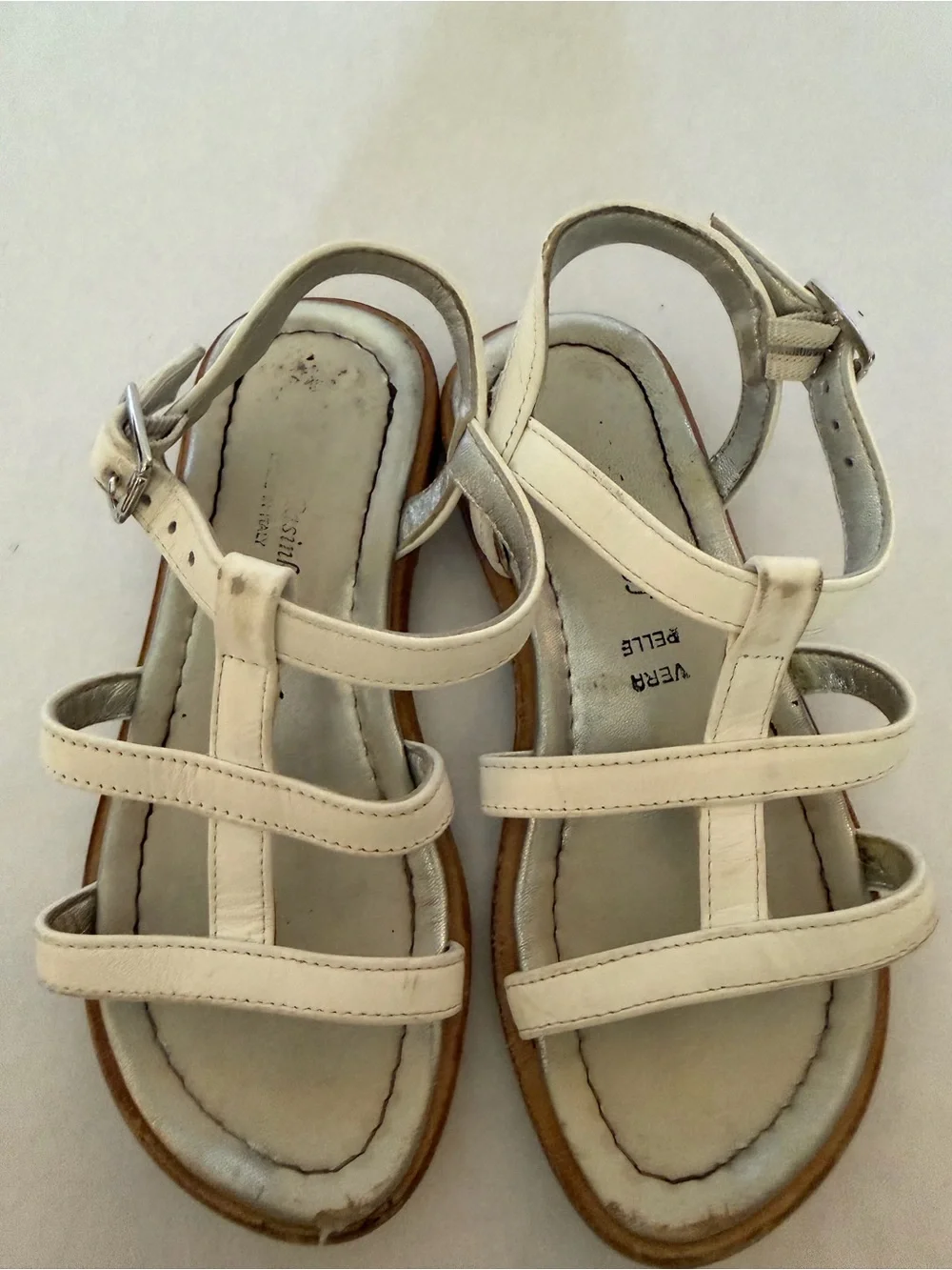 Vera Pelle White Leather T-Strap Kids Sandals